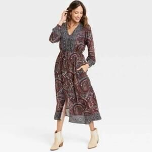 Knox Rose Long Sleeve Button Front Midi Dress Size Large Paisley Boho